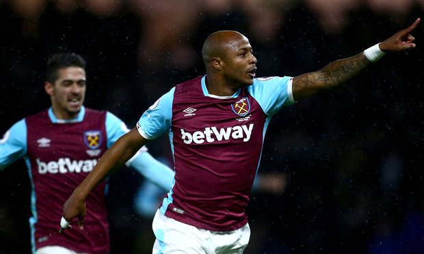 Ayew celebrates after the equaliser at Watford