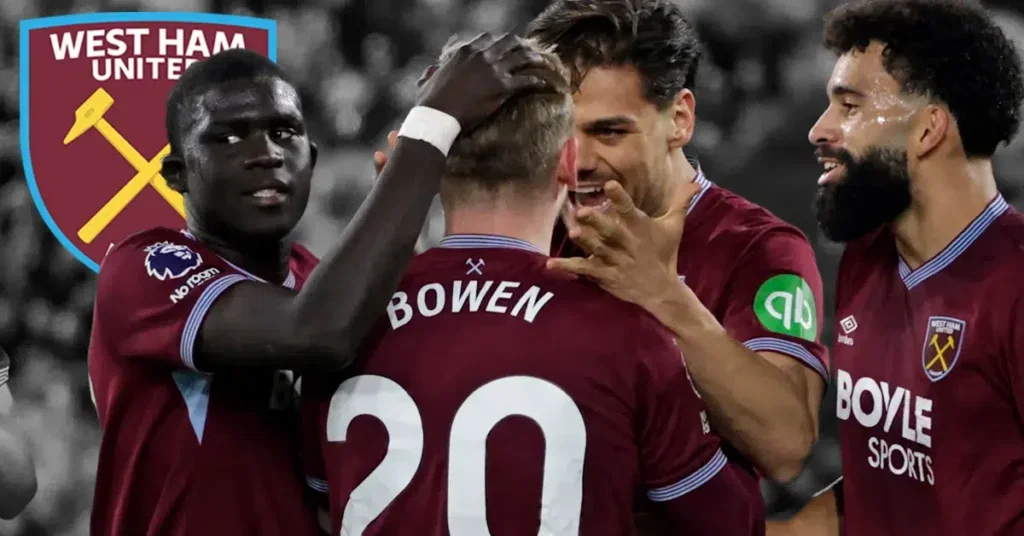 West Ham players celebrate a goal against Manchester City