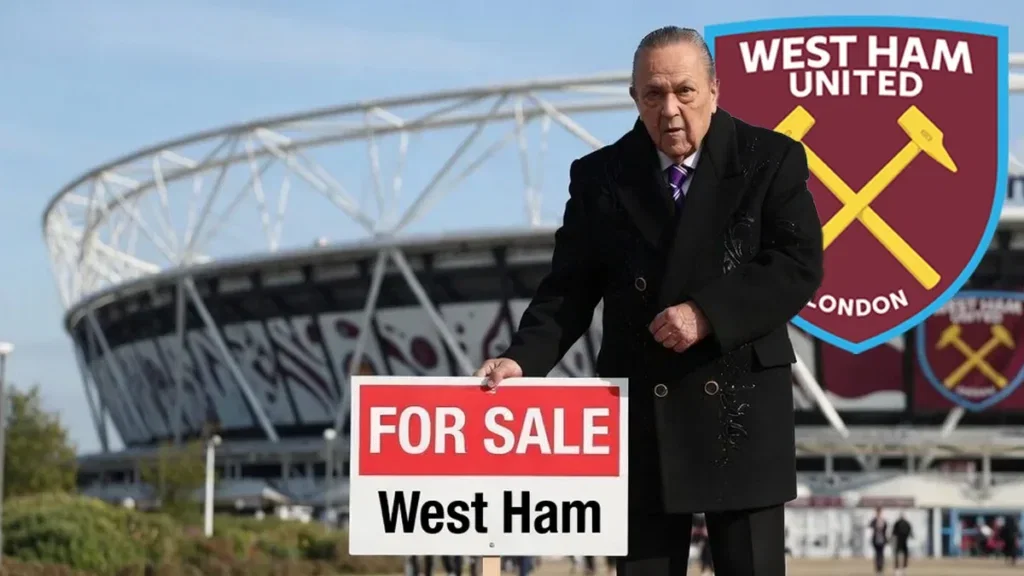 David Sullivan with a for sale sign outside the London Stadium