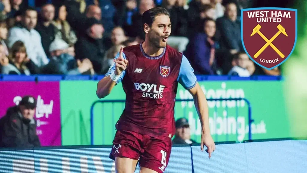 Konstantinos Mavropanos celebrates scoring for West Ham during the 3-2 Championship victory over Bolton Wanderers.