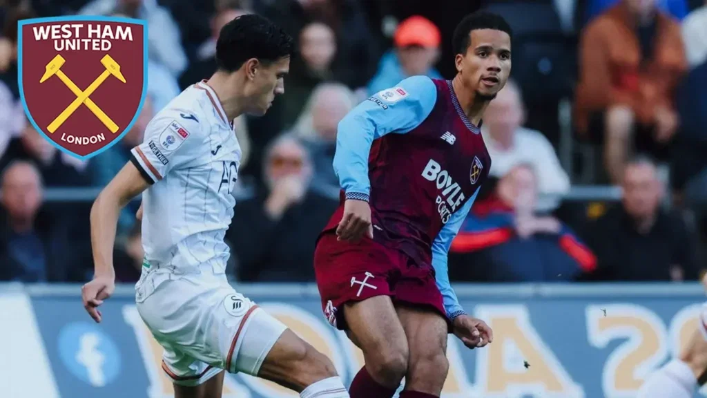 Divine Mukasa scores for West Ham against Swansea City in the Championship.