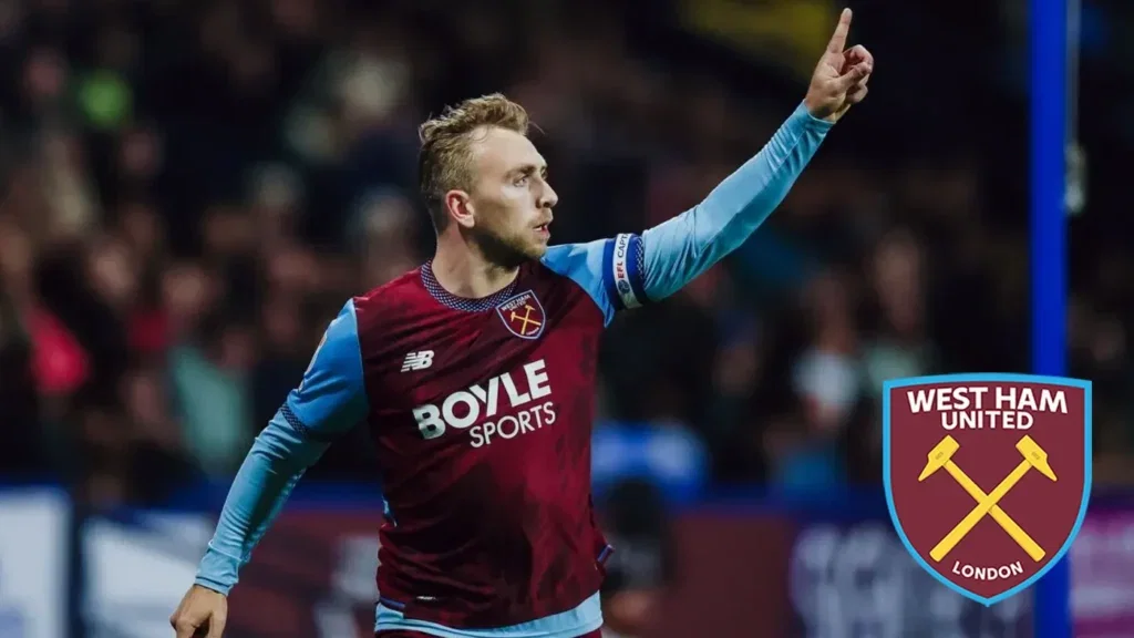 Jarrod Bowen celebrates for West Ham during the Championship victory over Bolton