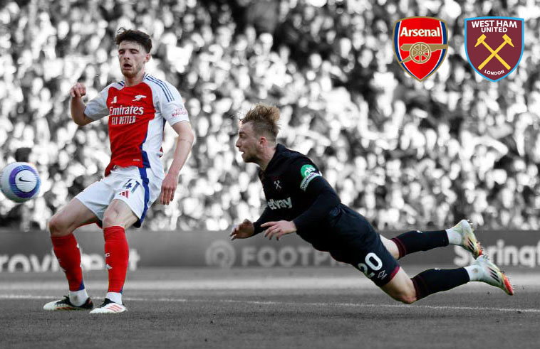 Jarrod Bowen scores against Arsenal as Declan Rice looks on