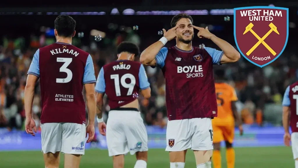 Konstantinos Mavropanos celebrates scoring for West Ham during the 4-2 Championship victory over Wolves.