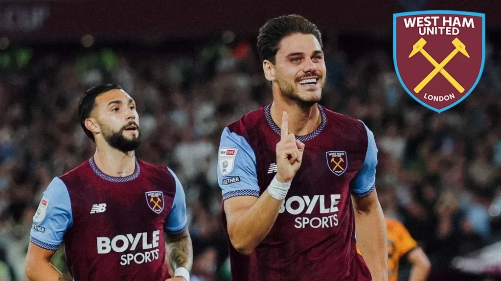 Konstantinos Mavropanos celebrates scoring for West Ham during the 4-2 Championship victory over Wolves.