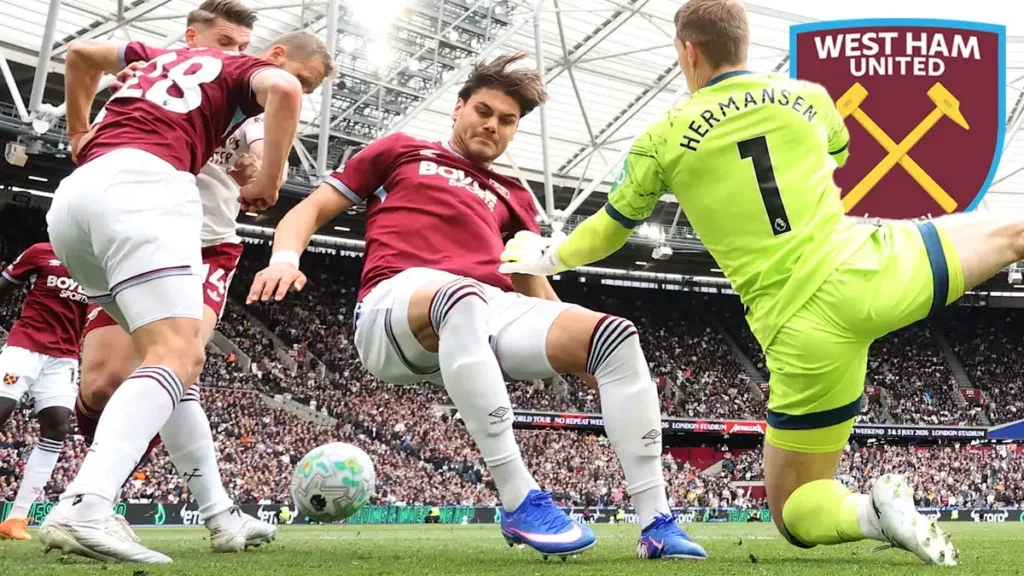 Mavropanos clears off the line for West Ham