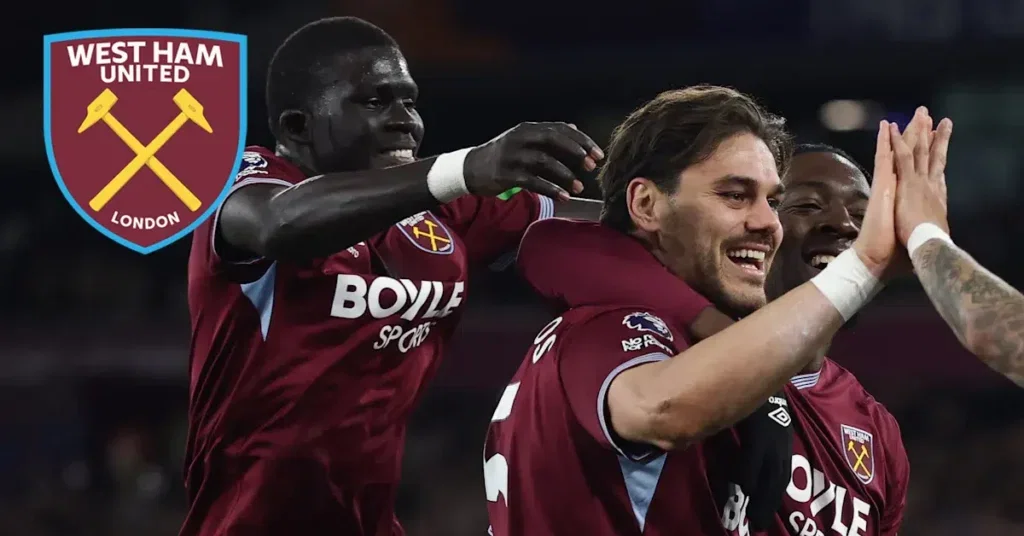 Mavropanos celebrates with his west ham teammate El Hadji Malick Diouf