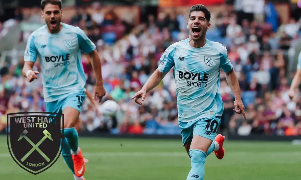 Manor Solomon celebrates scoring on his West Ham debut against Burnley at Turf Moor