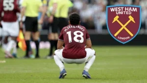 Mateus Fernandes drops to the floor at the London Stadium