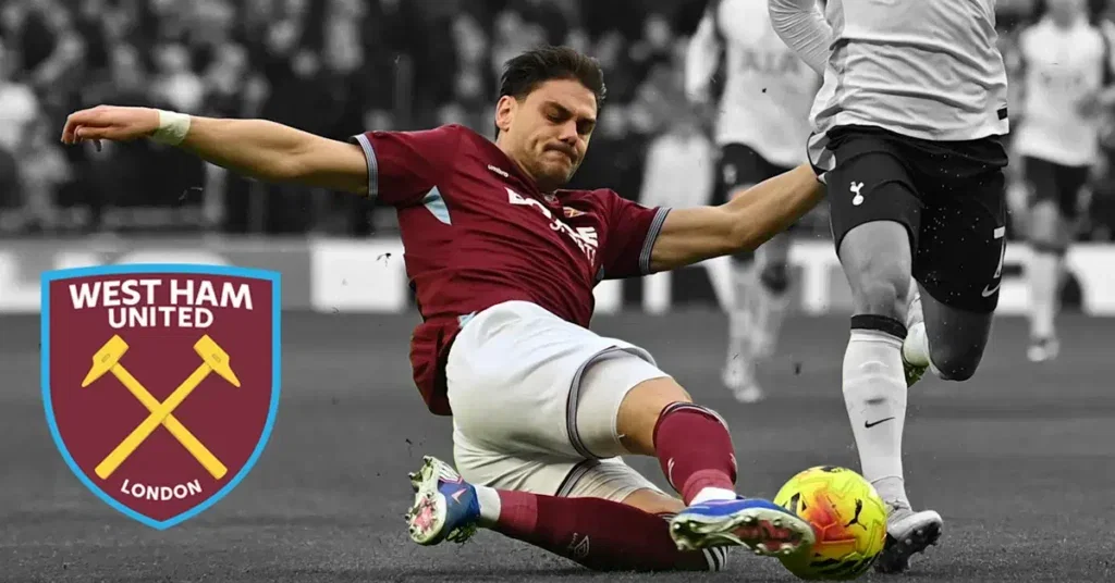 Dino Mavropanos puts in a crunching tackle