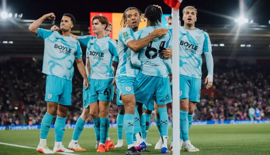 West Ham youngsters celebrate during the Hammers' impressive 4-1 Carabao Cup victory over Southampton at St Mary's.