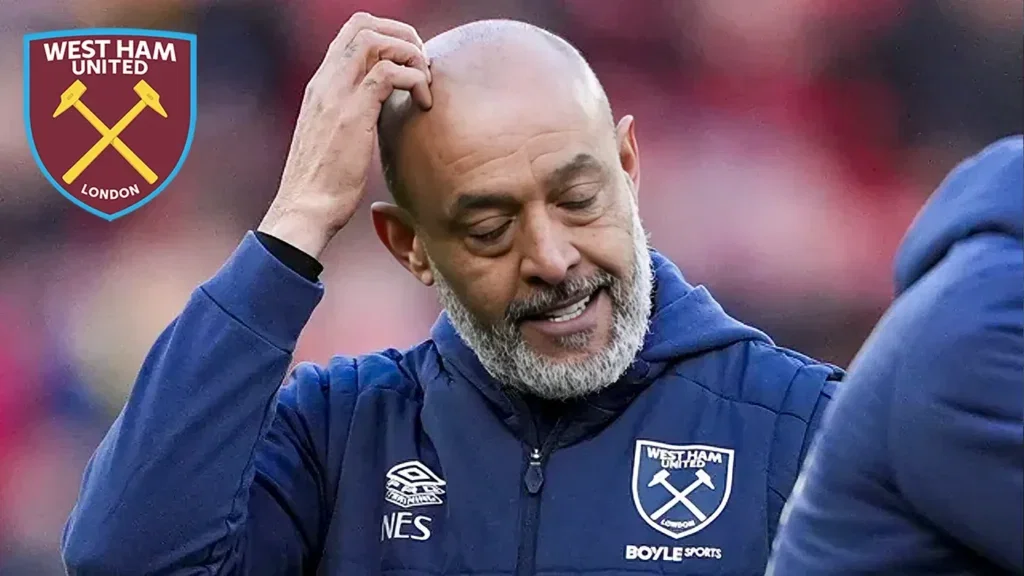 West Ham manager Nuno Espirto Santo in the dugout as he ponders a midfield reshuffle