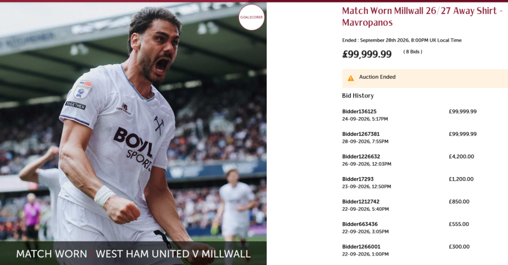 West Ham auction showing Konstantinos Mavropanos' match-worn Millwall shirt with a final bid of £99,999.99.