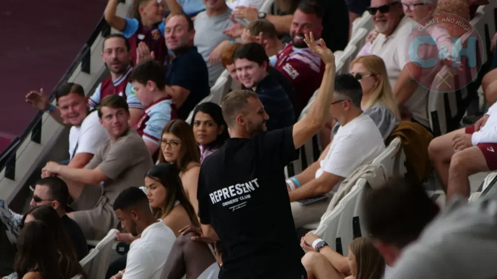 Tomas Soucek applauds West Ham supporters after being serenaded at the London Stadium.