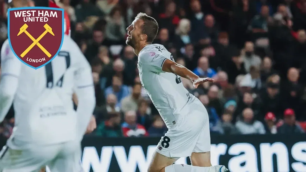 Tomas Soucek celebrates after scoring two for West Ham against Lincoln