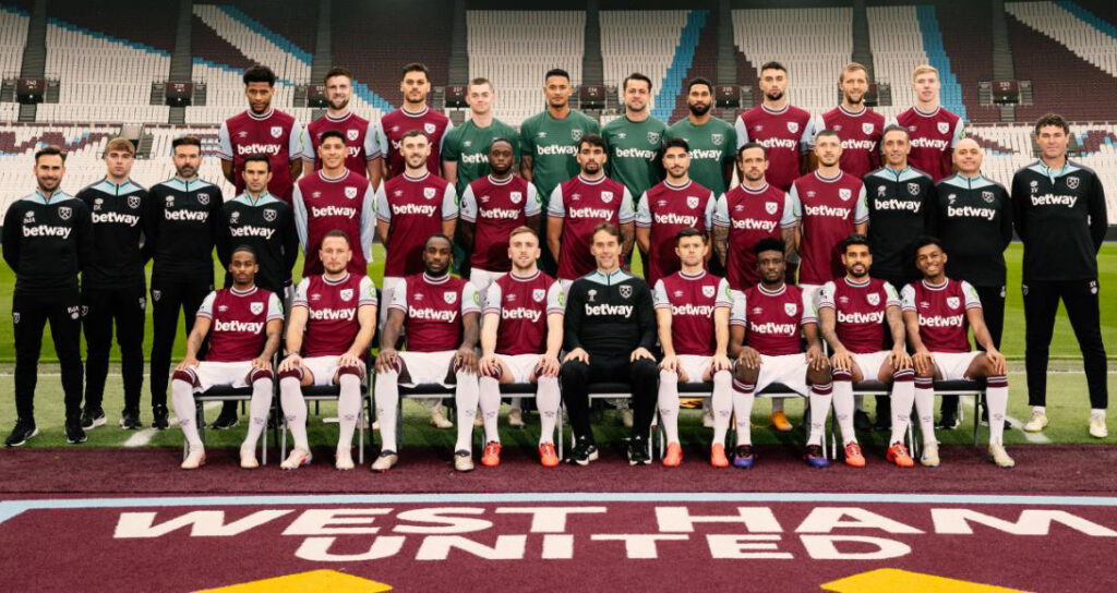 The West Ham squad pose for pictures at The London Stadium