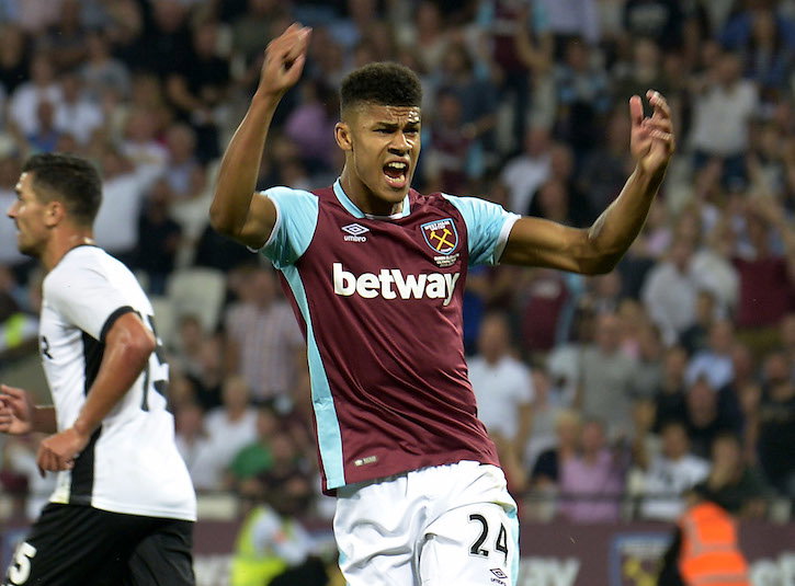 LONDON, ENGLAND - AUGUST 27: Ashley Fletcher of West Ham United cannot believe he has not won his team a penalty during the UEFA Europa Play-Off Second leg match between West Ham United and FC Astra Giurgiu at London Stadium on August 25, 2016 in London, England. (Photo by Avril Husband/West Ham United via Getty Images)