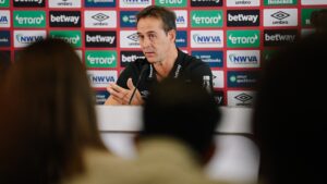 West Ham coach Julen Lopetegui speaks to the press